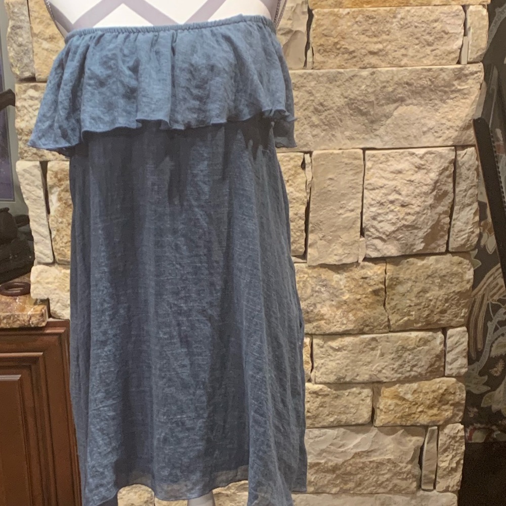 BLUE OFF SHOULDER RUFFLE DENIM SHIFT DRESS
